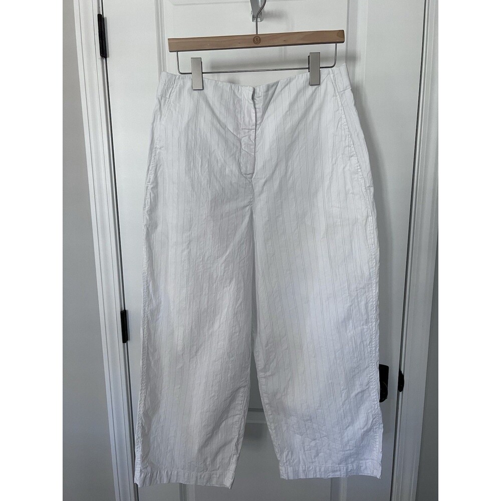 Oska Wide Leg White Pinstriped Trousers Cotton Linen Size 10/12 EUC